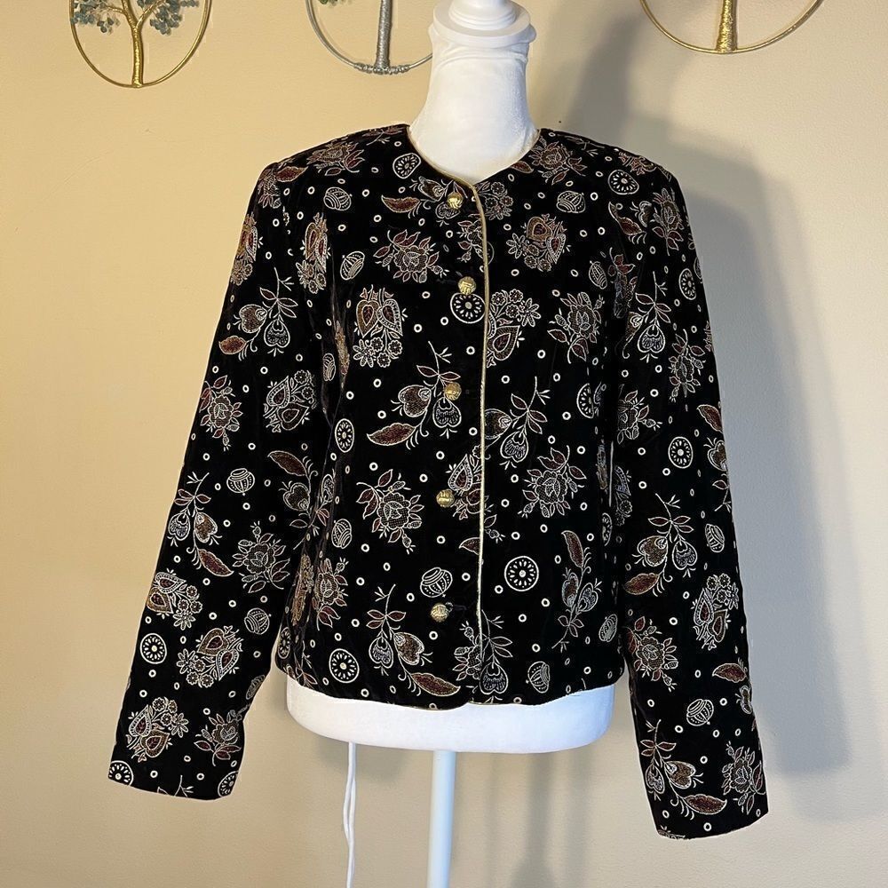 Vintage Norton McNaughton Black Floral Velvet Metallic Brocade Blazer Size 6